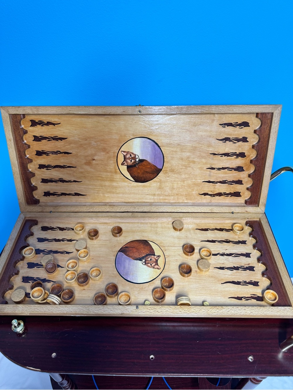 Vintage Hand-Carved Wooden Backgammon Board with Puma
Cat Artwork